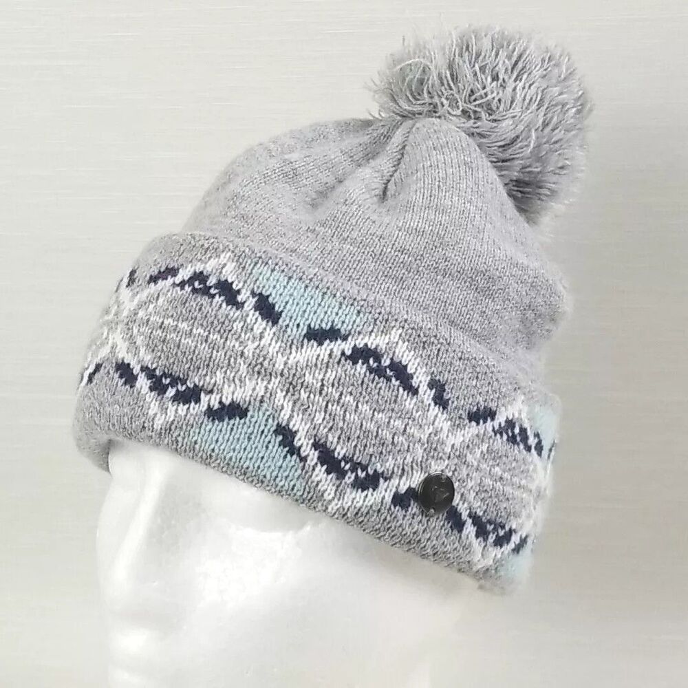 Roxy Womens Lizzie Gray Pom Pom Beanie Cuffed Runs Small